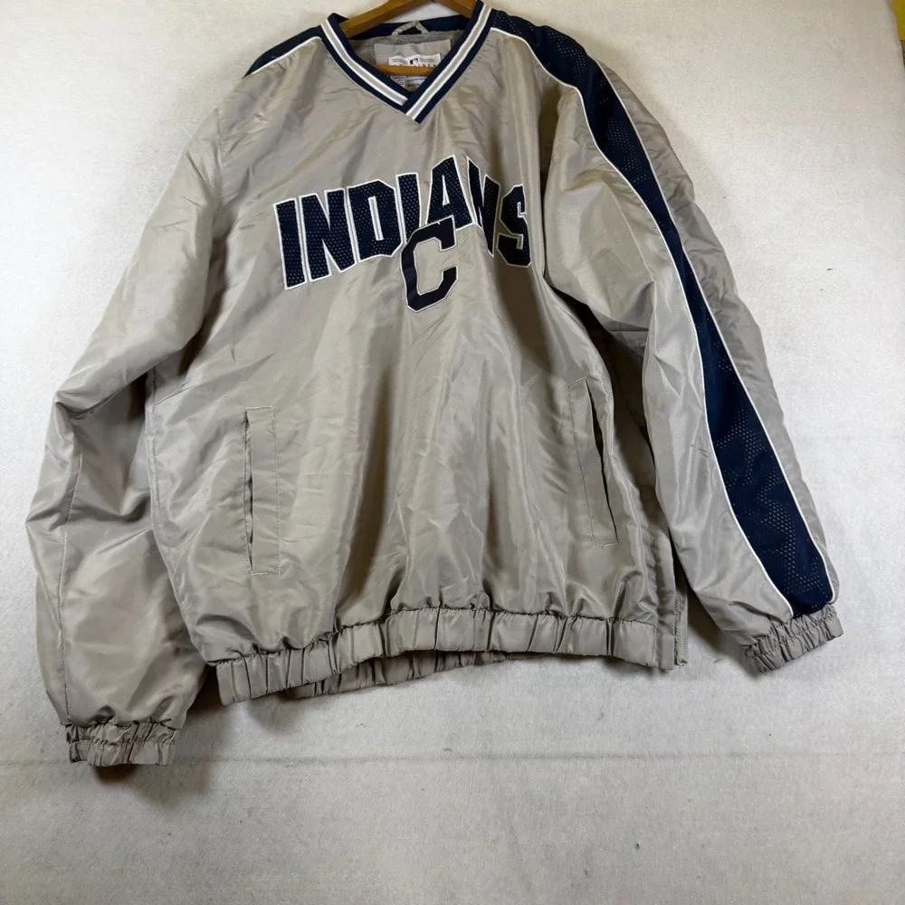 G-III Sports Cleveland Indians MLB V-Neck Windshirt Pullover Tan Navy Blue Large
